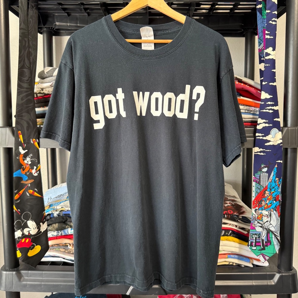 Y2K Black Got Wood Humor Graphic T-Shirt Size Large
